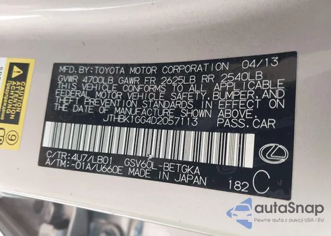 2013 Lexus Es 350 from USA, damaged, VIN JTHBK1GG4D2057113
